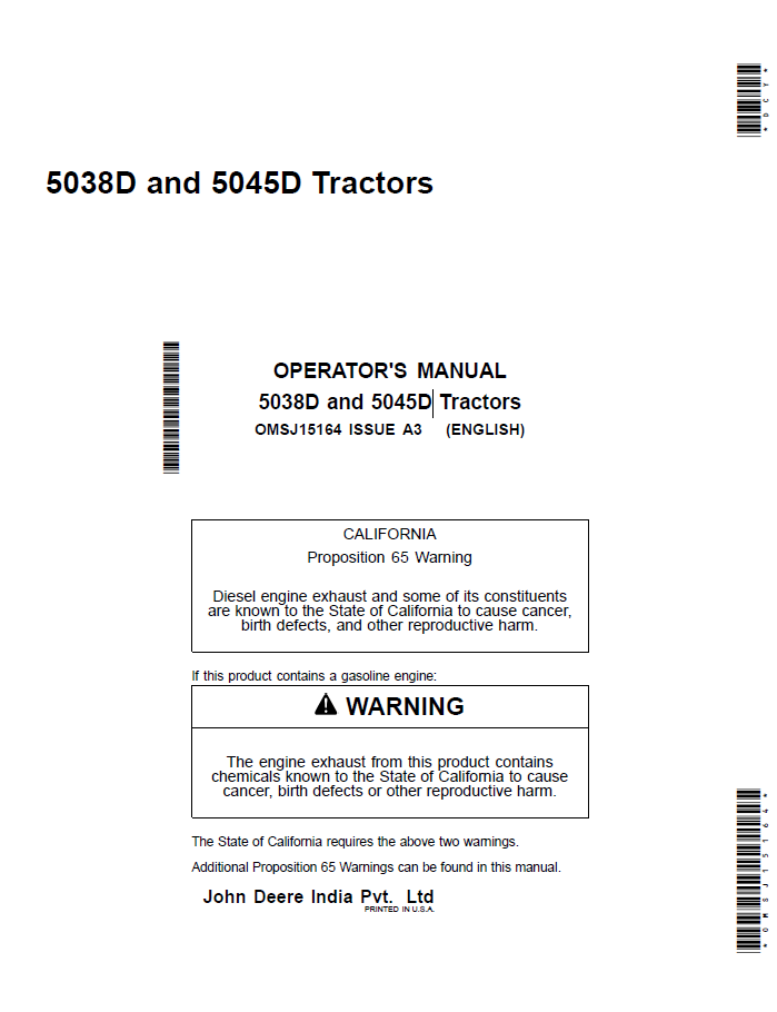 John Deere 5038D & 5045D Tractor Operator Manual (OMSJ15164)