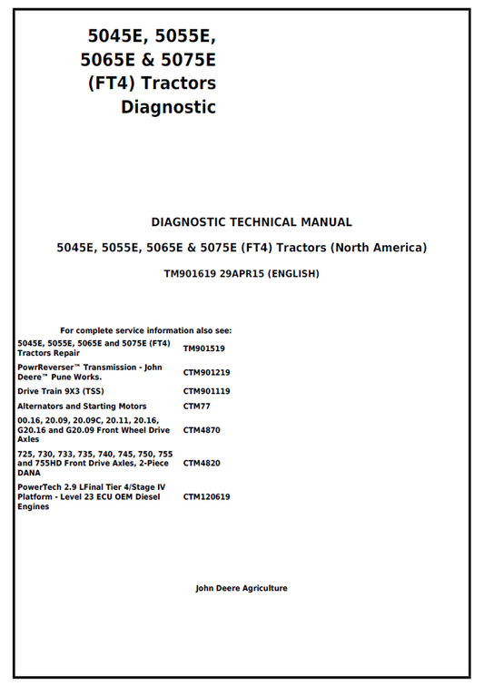 John Deere 5045E, 5055E, 5065E and 5075E (FT4) Tractor Diagnostic Technical Manual - TM901619