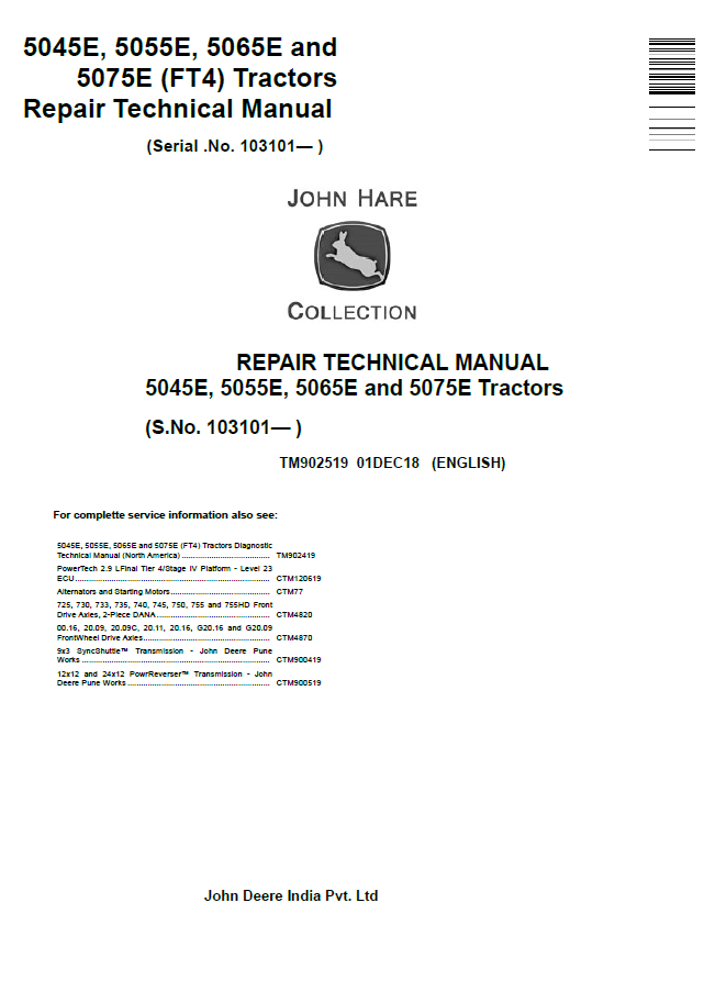 John Deere 5045E, 5055E, 5065E and 5075E (FT4) Tractor Repair Technical Manual - TM902519
