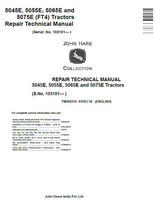 John Deere 5045E, 5055E, 5065E and 5075E (FT4) Tractor Repair Technical Manual - TM902519