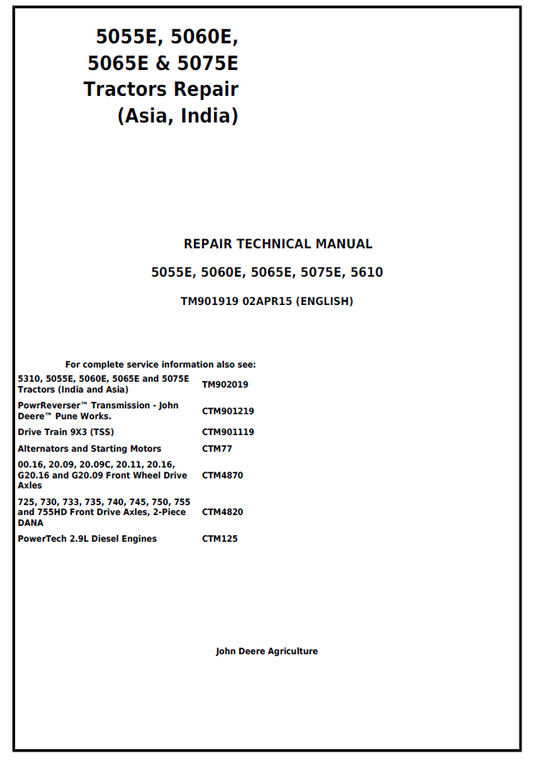 John Deere 5055E, 5060E, 5065E, 5075E, 5610 Tractor Repair Technical Manual - TM901919