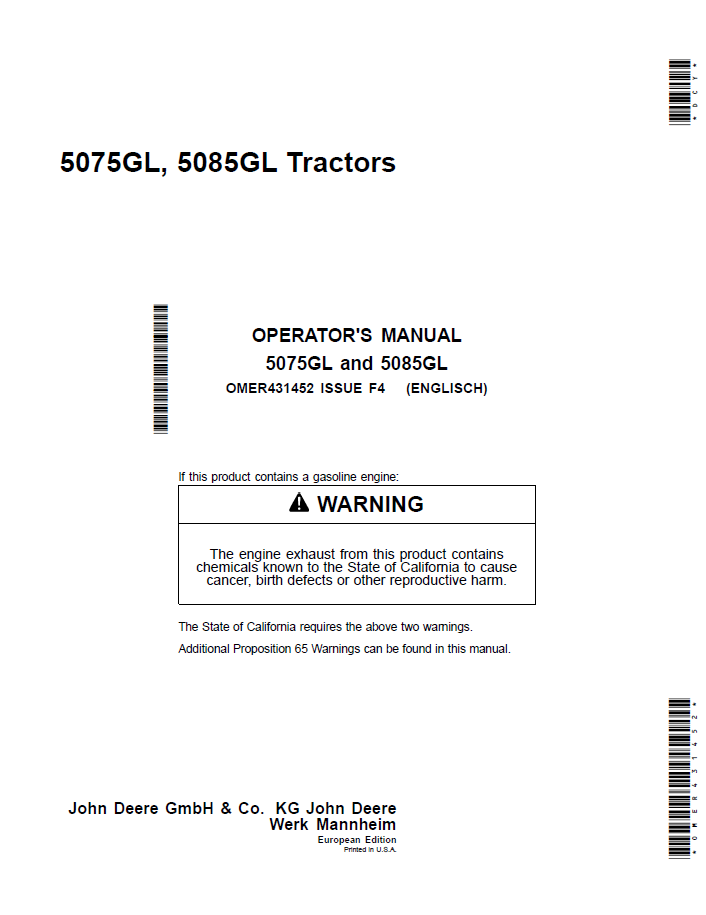 John Deere 5075GL & 5085GL Tractor Operator Manual OMER431452 PDF