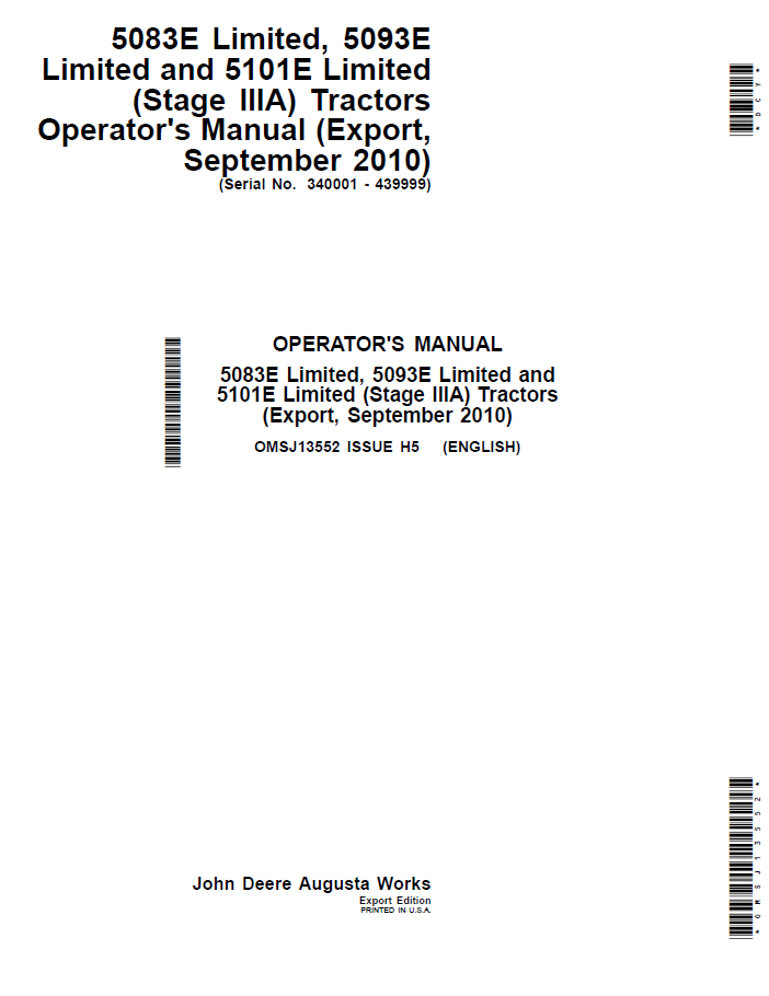 John Deere 5083E, 5093E & 5101E Limited Tractor Manual (OMSJ13552)