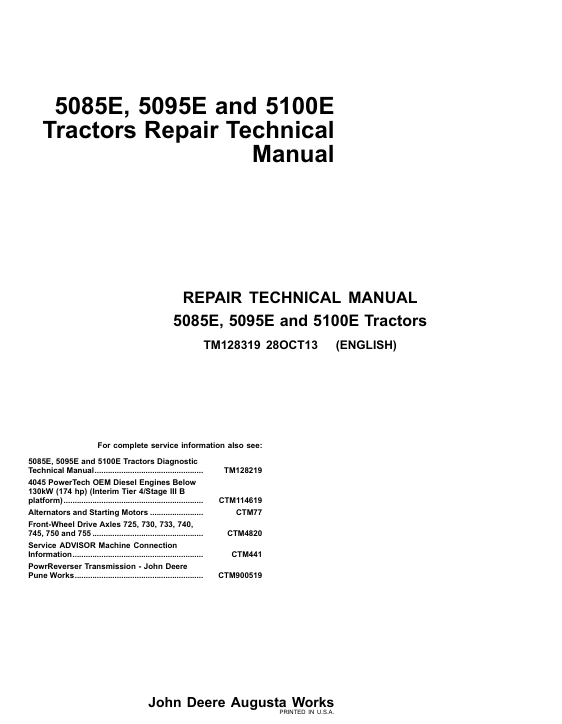 John Deere 5085E 5095E 5100E Tractor Repair Technical Manual TM128319