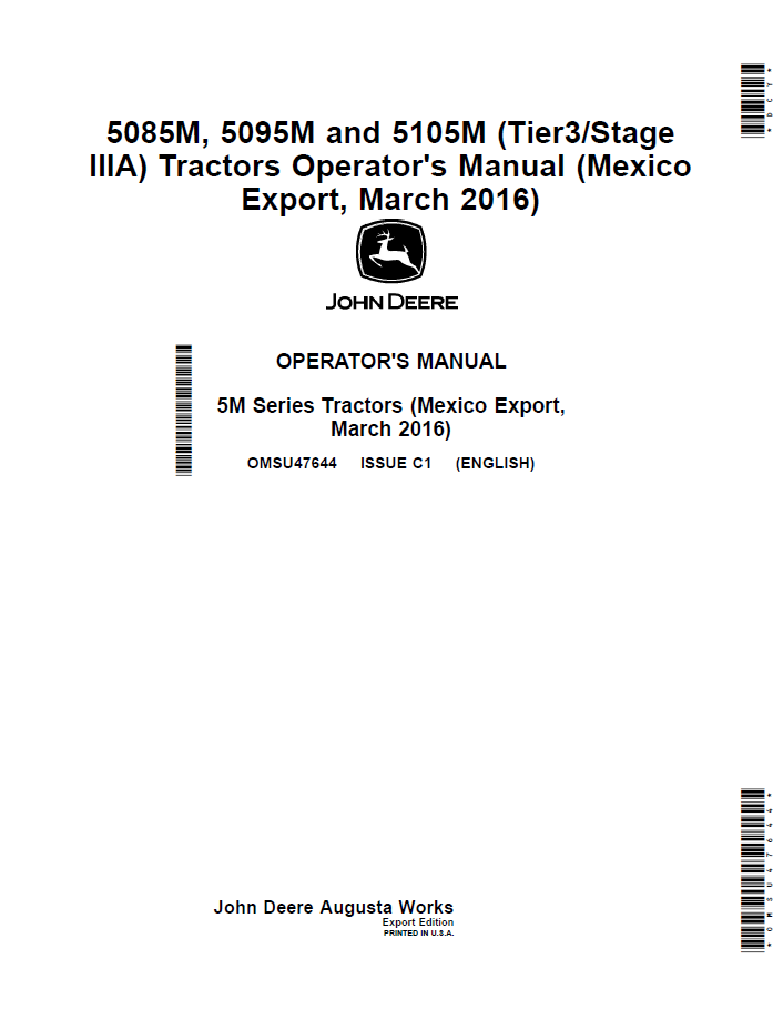 John Deere 5085M, 5095M & 5105M Tractor Operator Manual (OMSU47644)