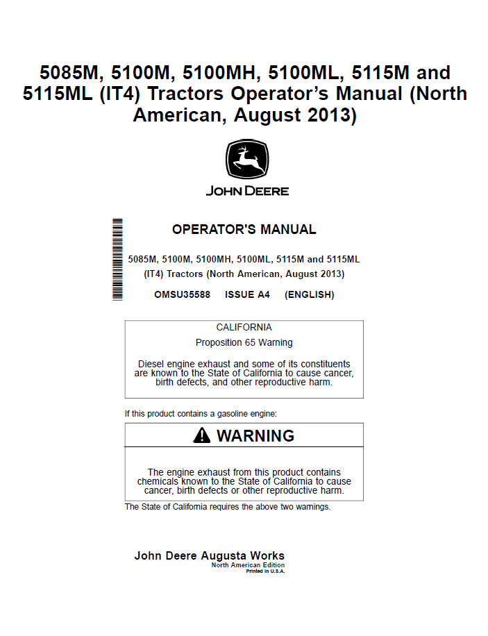 John Deere 5085M, 5100M & 5115M Tractor Operator Manual (OMSU35588)