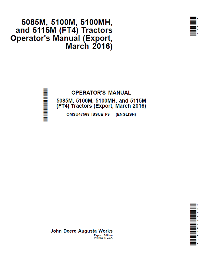 John Deere 5085M, 5100M & 5115M Tractor Operator Manual (OMSU47568)