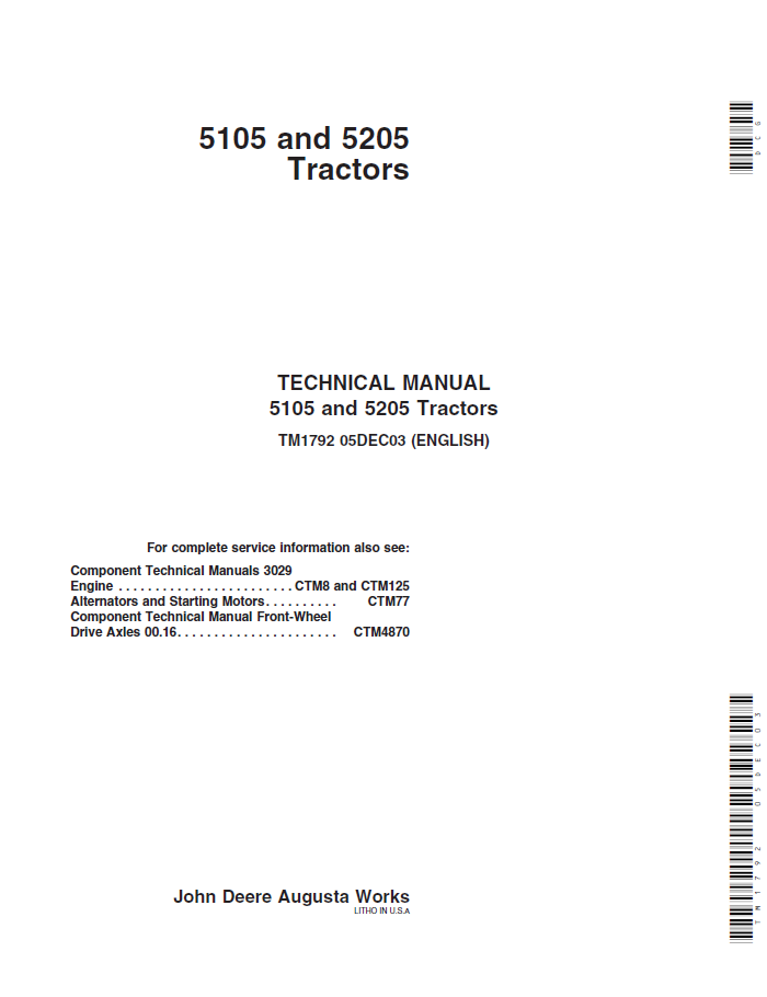 John Deere 5105 and 5205 Tractor Technical Manual - TM1792