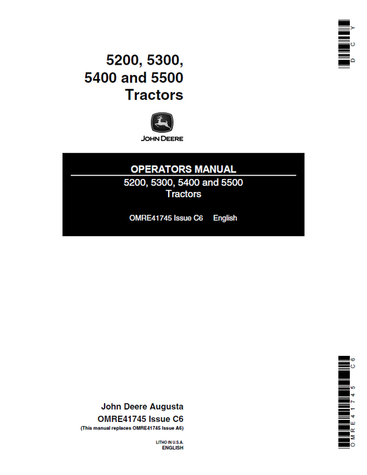 John Deere 5200, 5300, 5400, 5500 Tractor Operator Manual (OMRE41745)