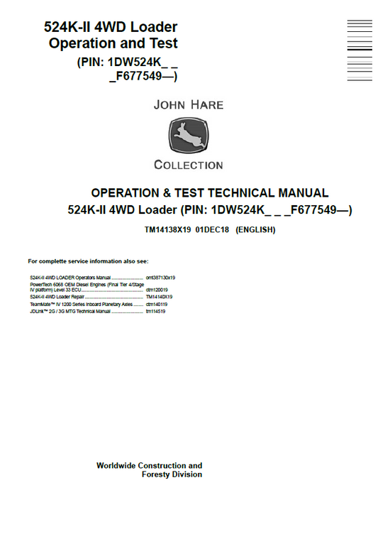 John Deere 524K-II 4WD Loader TM14138X19 Operation & Test Manual