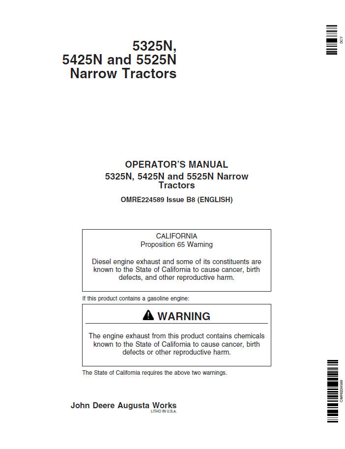 John Deere 5325N, 5425N & 5525N Narrow Tractor Manual (OMRE224589)