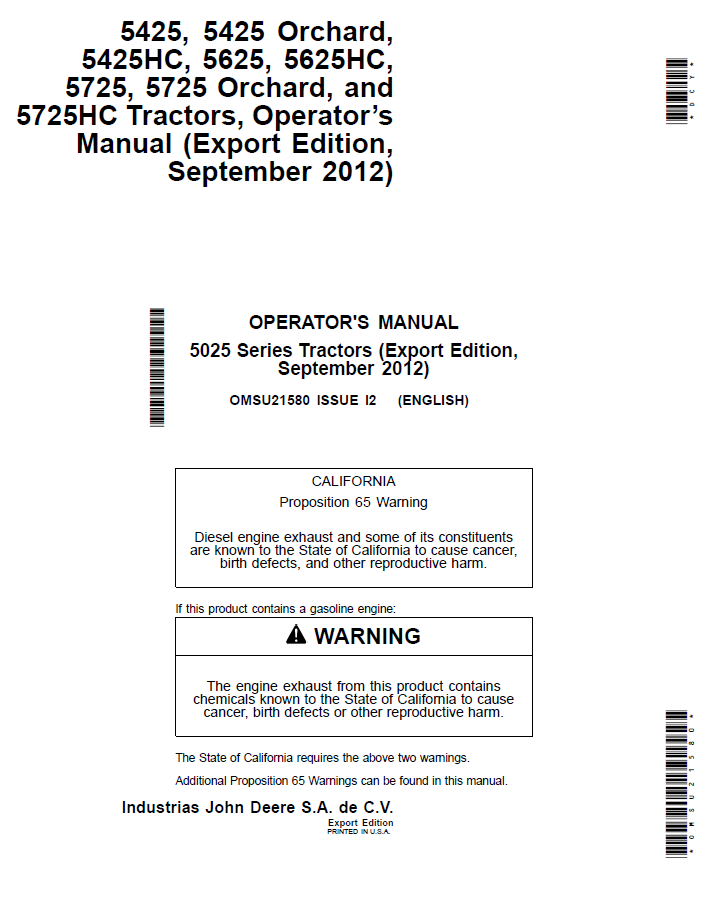 John Deere 5425, 5625 & 5725 Tractor Operator Manual (OMSU21580)