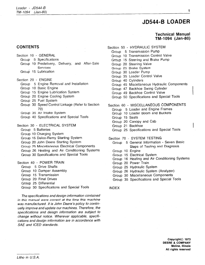 John Deere 544B & JD544B Wheel Loader Technical Service Manual