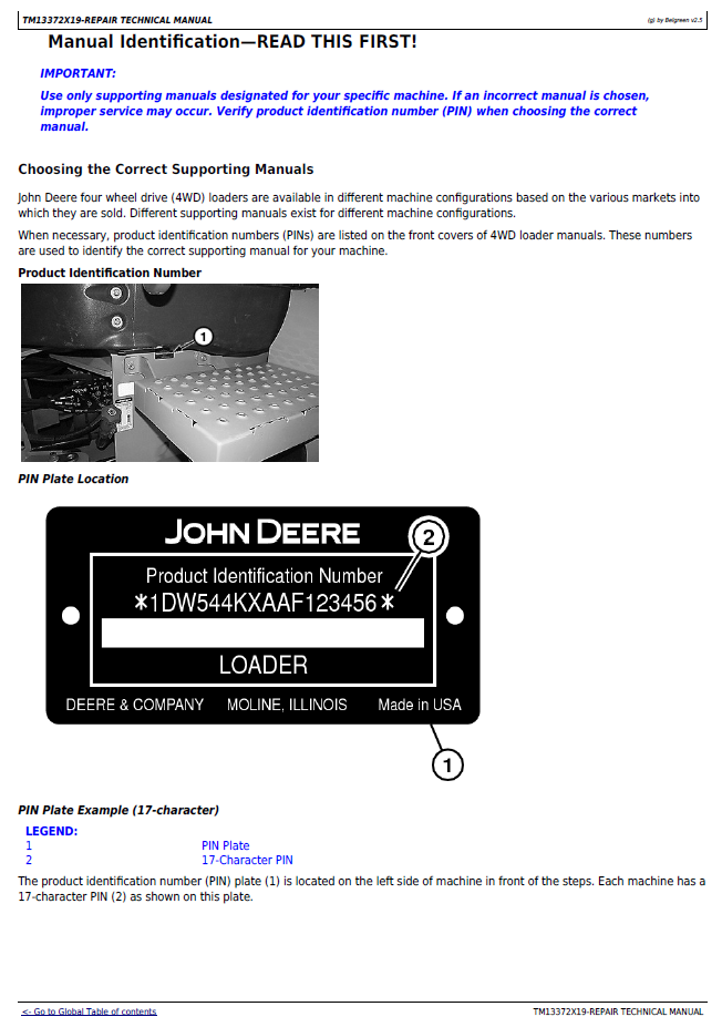 John Deere 544K 4WD Loader Repair, Maintenance & Service Manual TM13372X19