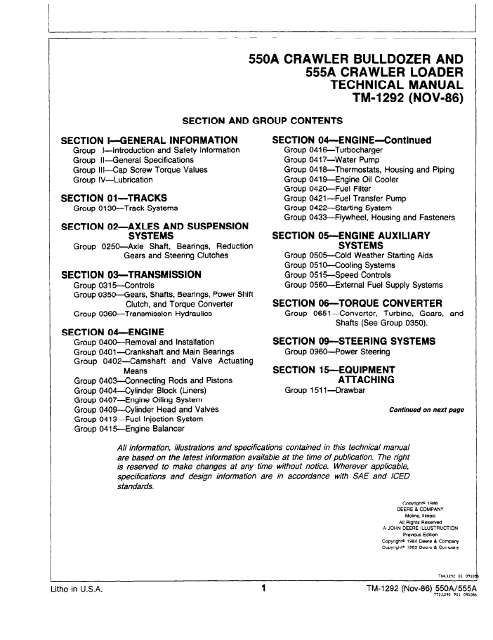 John Deere 550A Crawler Bulldozer and 555A Crawler Loader Manual TM1292