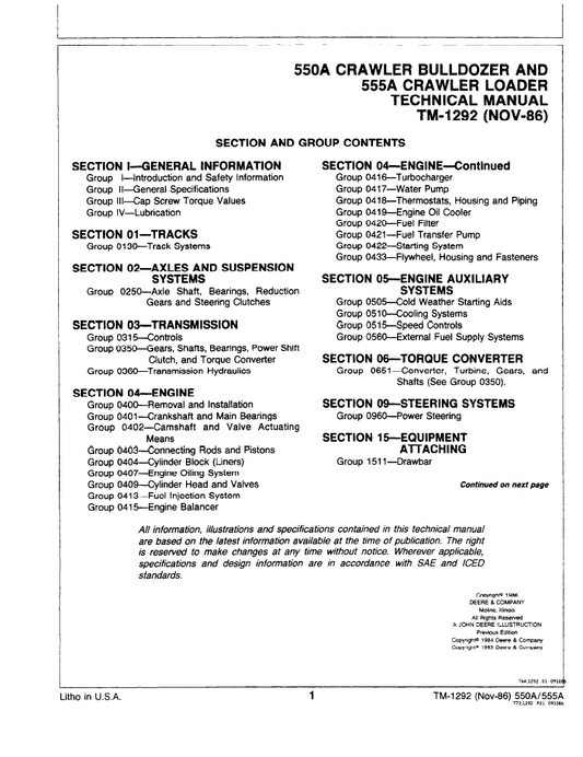 John Deere 550A Crawler Bulldozer and 555A Crawler Loader Manual TM1292
