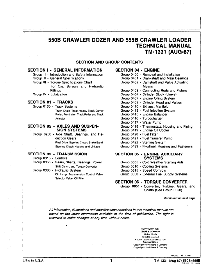 John Deere 550B Crawler Dozer and 555B Loader Manual TM1331