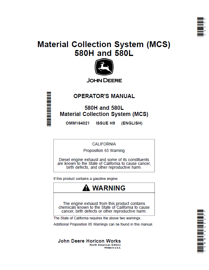 John Deere 580H 580L Material Collection System Manual OMM164021 PDF