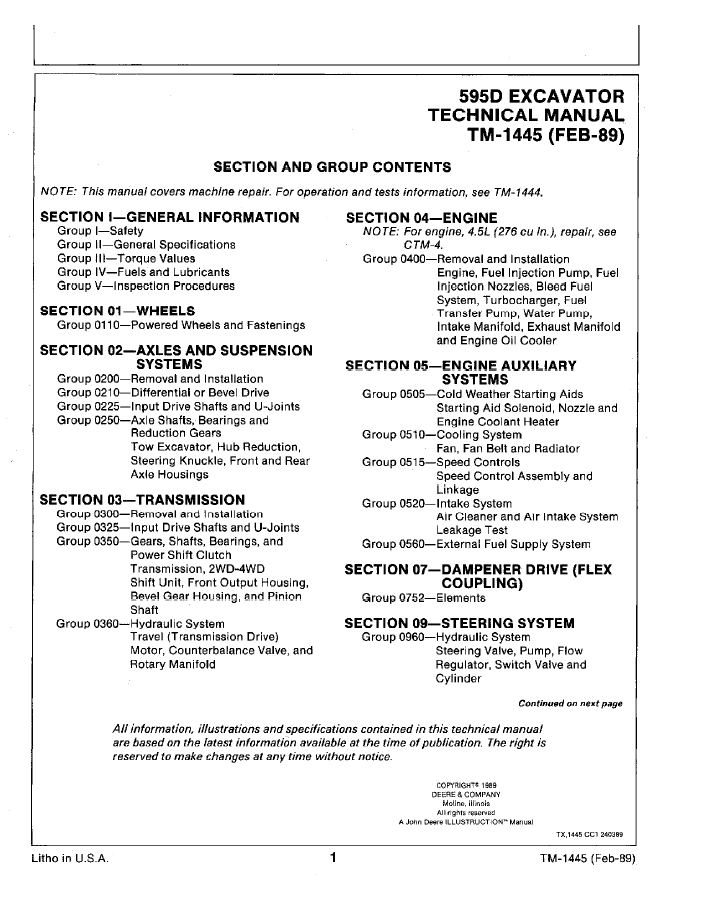 John Deere 595D Excavator Repair and Workshop Manual