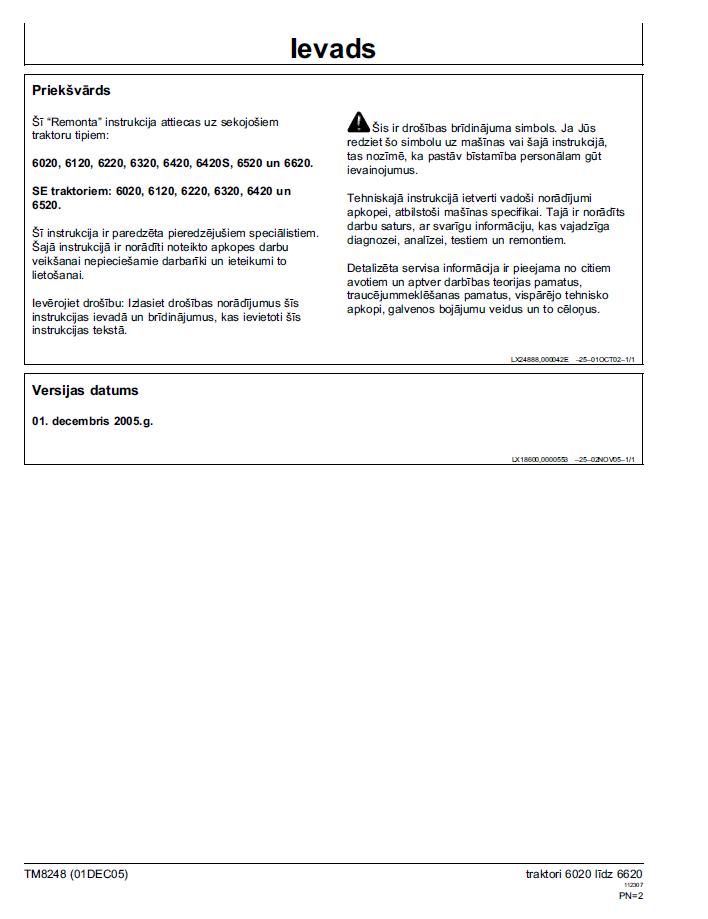 John Deere 6020 6120 6220 6320 6420 6620 SE Repair Manual TM8248