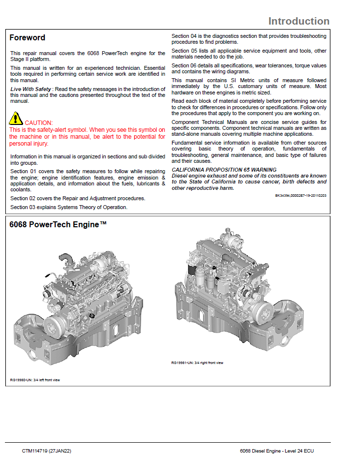 John Deere 6068 Engine Level 24 ECU Technical Service Manual CTM114719