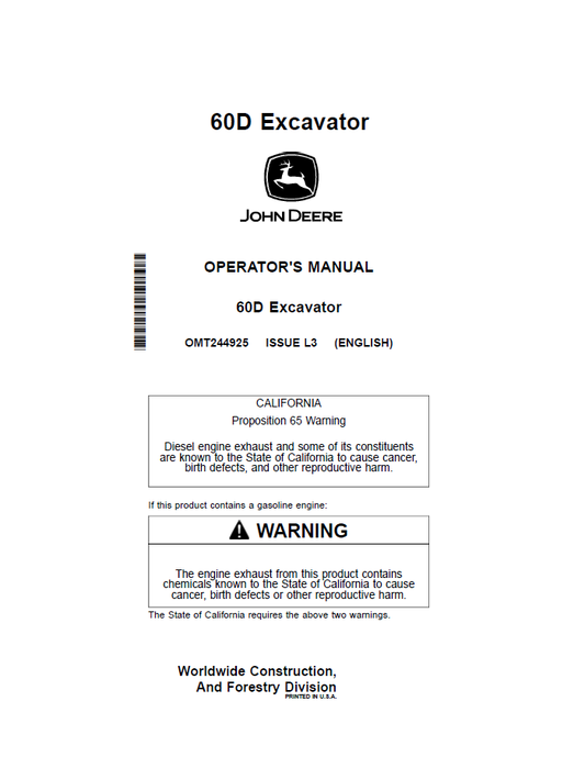 John Deere 60D Compact Excavator Operator Manual OMT244925