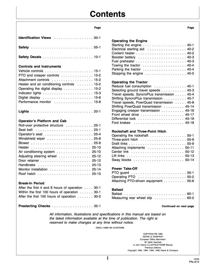 John Deere 6100-6400 Tractor Operator Manual – Operation & Maintenance Guide
