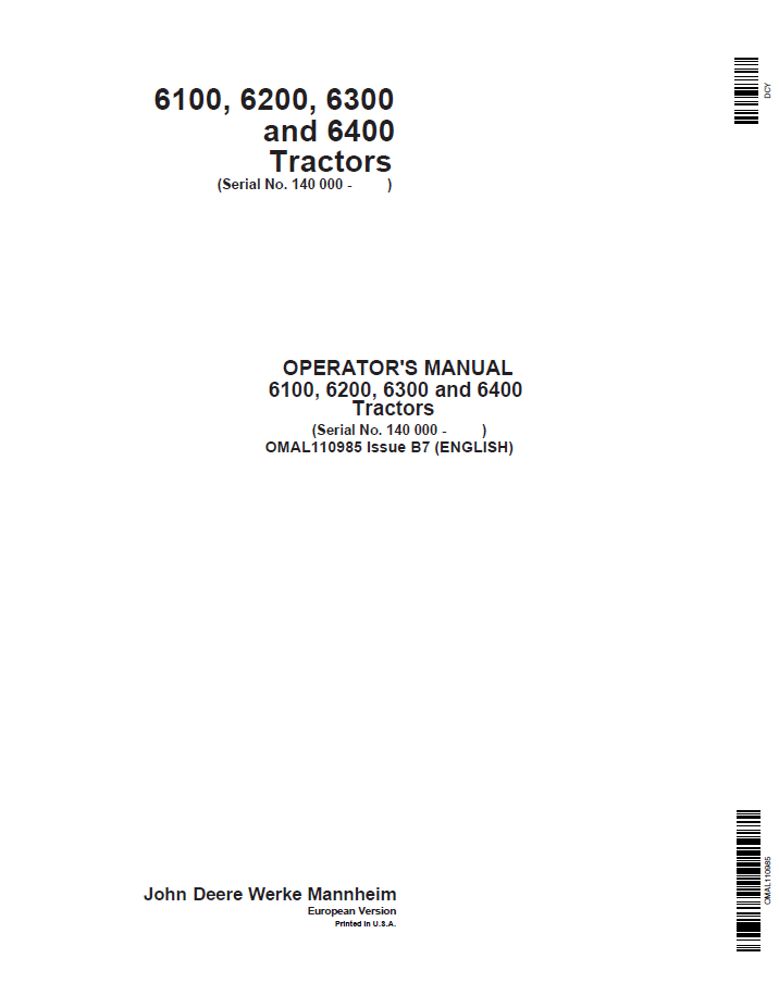 John Deere 6100 6200 6300 6400 Tractor OMAL110985 Operator Manual PDF