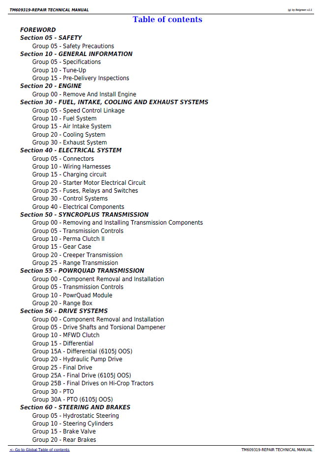 John Deere 6105J 6140J 6140JH 6155J 6155JH Service Repair Manual TM609319