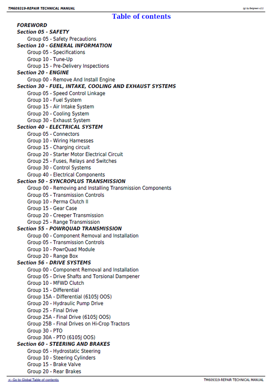 John Deere 6105J 6140J 6140JH 6155J 6155JH Service Repair Manual TM609319
