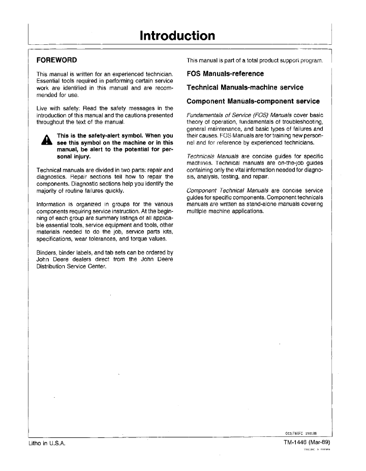 John Deere 610B & 610C Backhoe Loader Operation & Test Manual TM1446