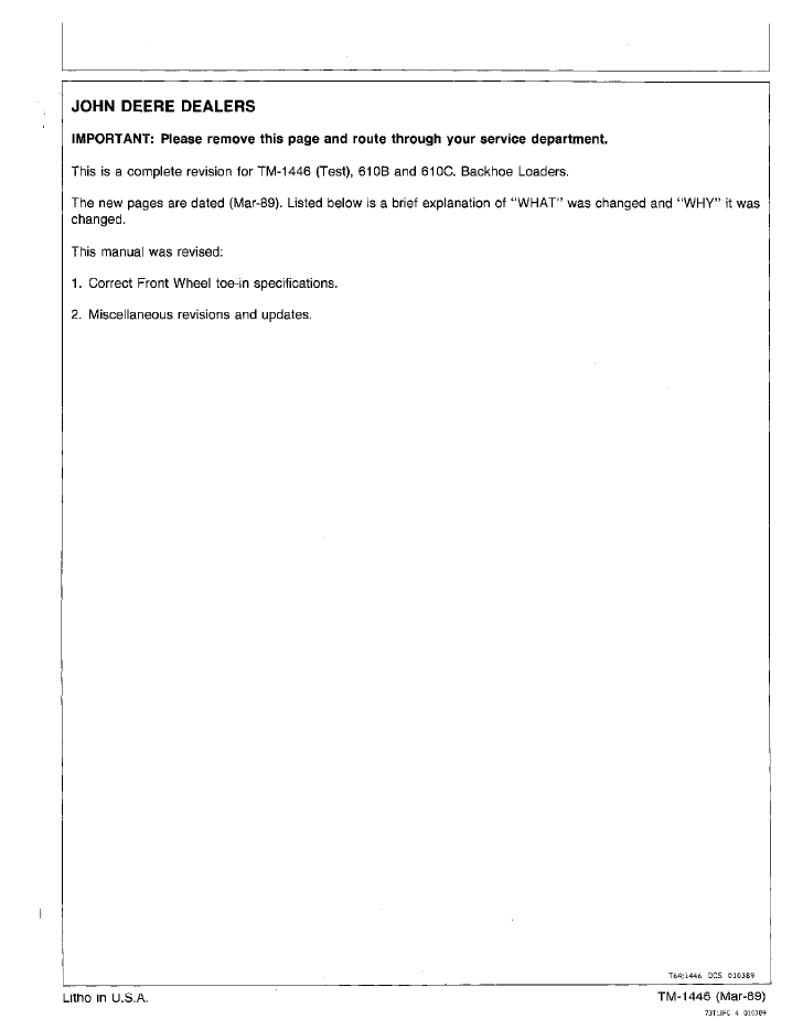 John Deere 610B 610C Backhoe Loader Technical Operation Test Guide