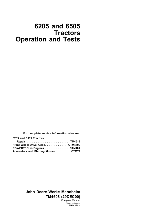 John Deere 6205 & 6505 Tractor Operation and Test Manual TM4608