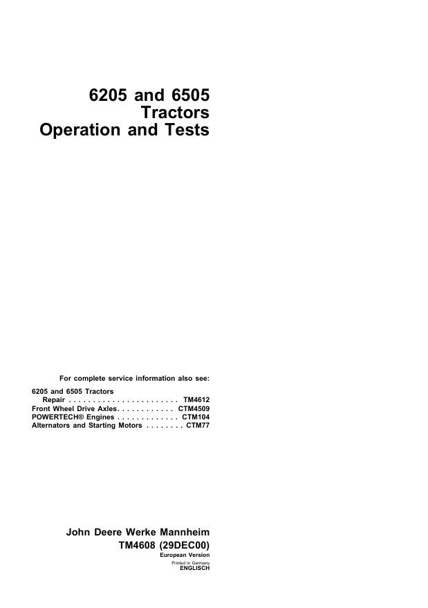 John Deere 6205 & 6505 Tractor Operation and Test Manual TM4608