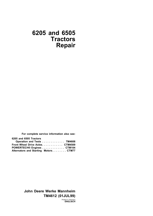John Deere 6205 & 6505 Tractor Repair Manual TM4612 Download