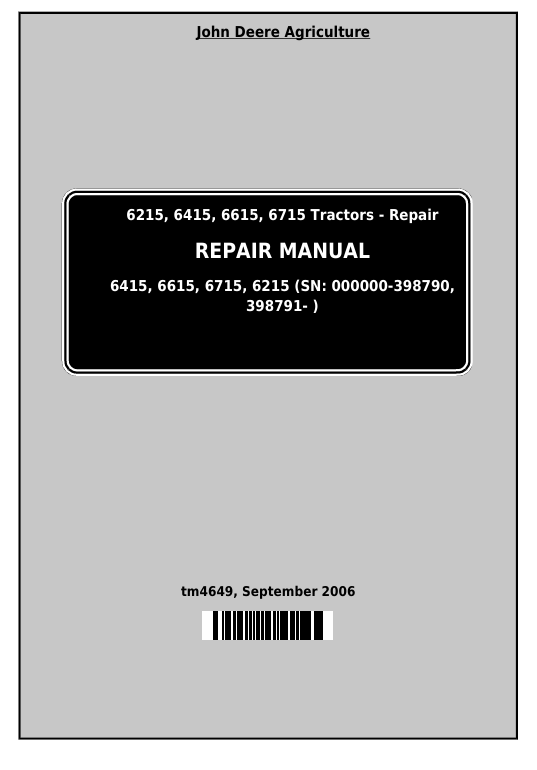 John Deere 6215, 6415, 6615, 6715 Tractor Repair Manual TM4649