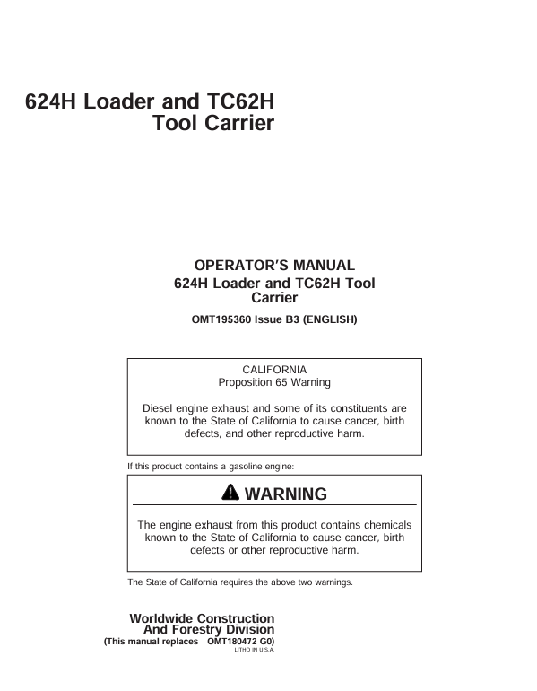John Deere 624H Loader & TC62H Tool Carrier Operator Manual OMT195360 PDF