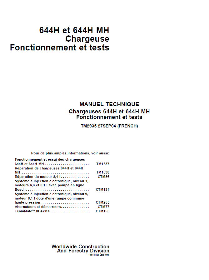 John Deere 644H & 644H MH Loader Operation & Test Manual TM2935