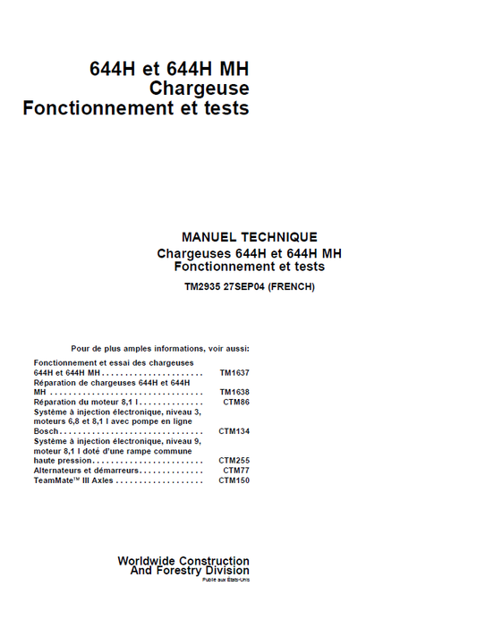 John Deere 644H & 644H MH Loader Operation & Test Manual TM2935