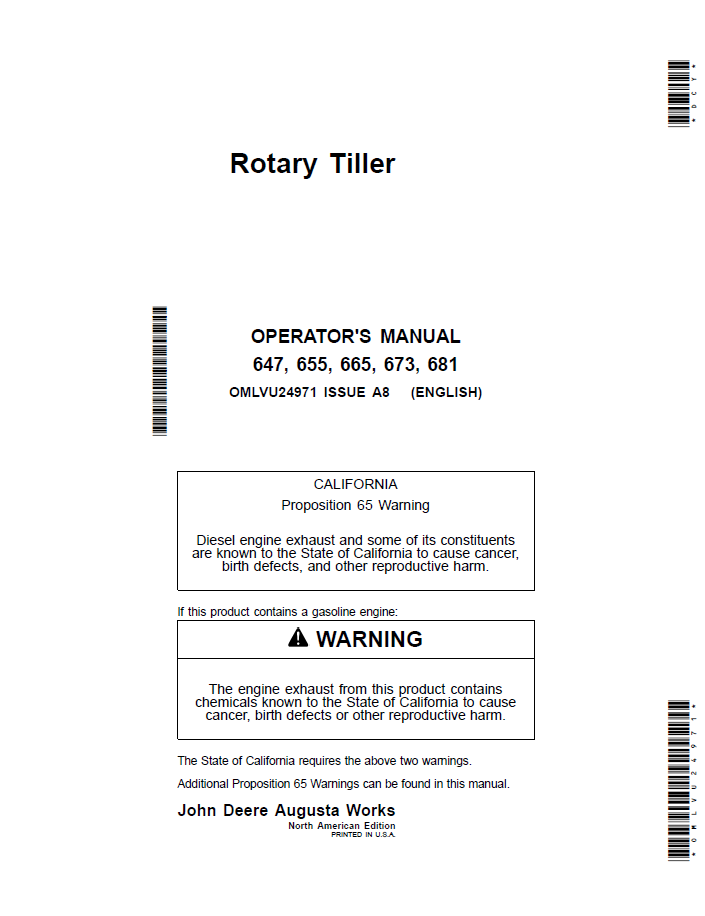 John Deere 647 655 665 673 681 Rotary Tiller Operator Manual PDF OMLVU24971