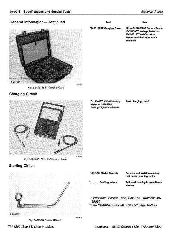 John Deere 6620 to 8820 Combine Repair & Maintenance Manual TM1202