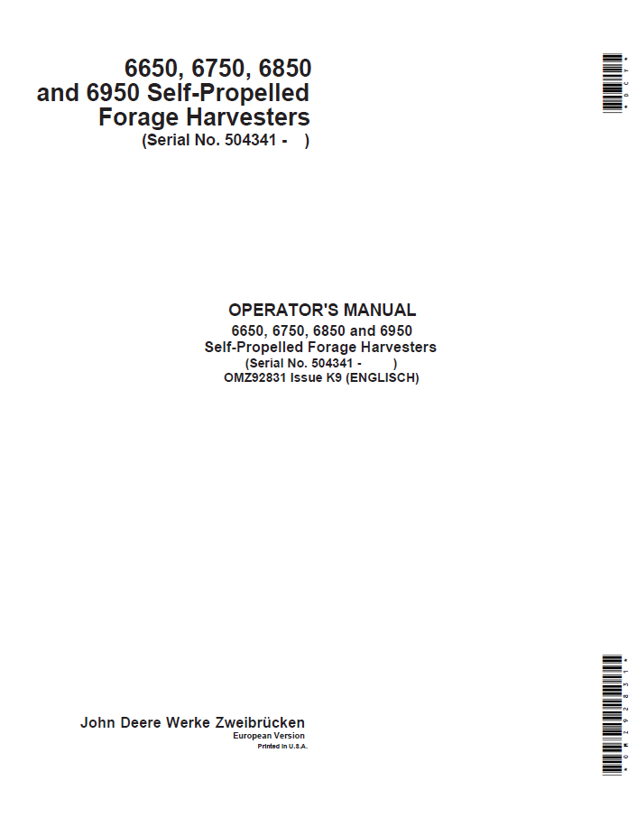 John Deere 6650 6750 6850 6950 Forage Harvester Operator Manual OMZ92831