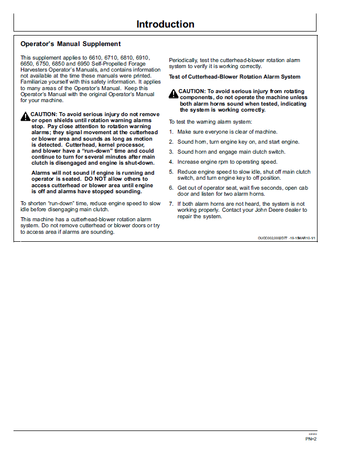 John Deere 6650 6750 6850 6950 Forage Harvester Operator Manual PDF