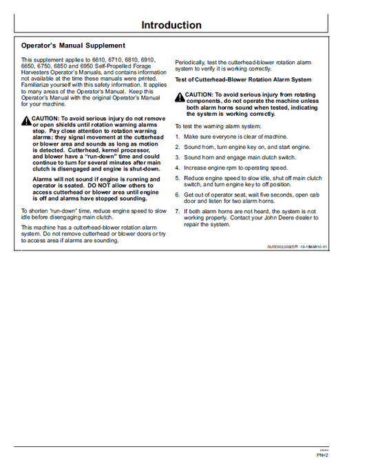 John Deere 6650 6750 6850 6950 Forage Harvester Operator Manual PDF