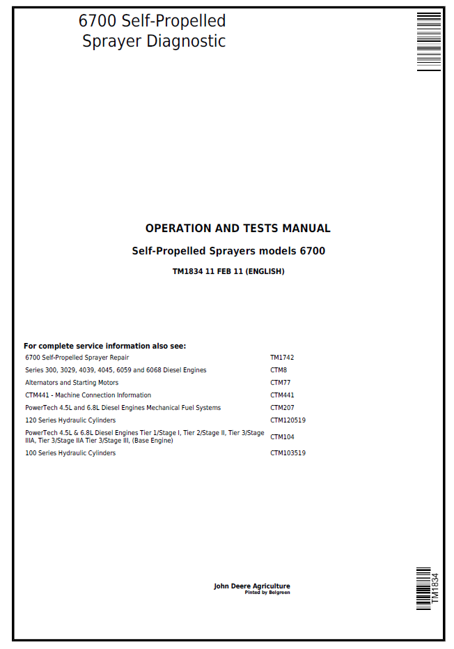 John Deere 6700 Sprayer TM1834 Operation & Testing Technical Guide