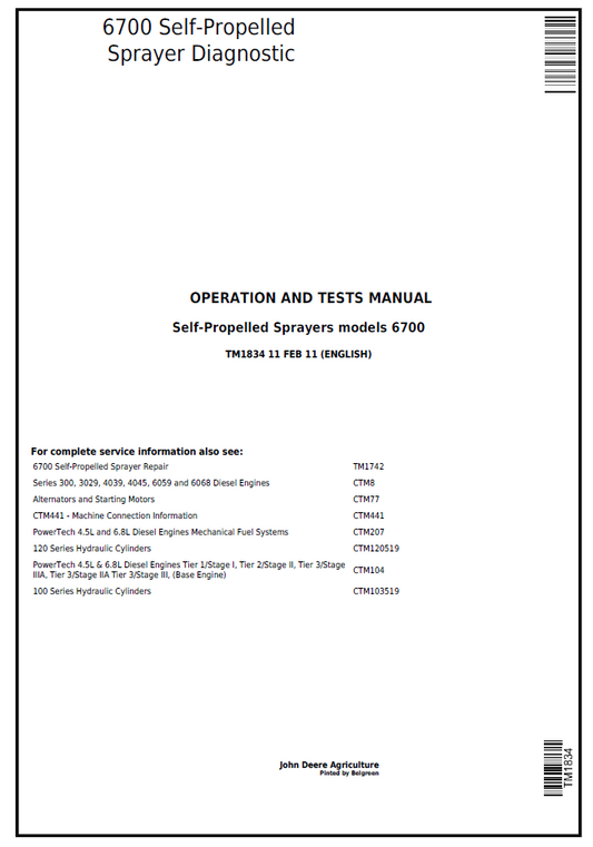 John Deere 6700 Sprayer TM1834 Operation & Testing Technical Guide