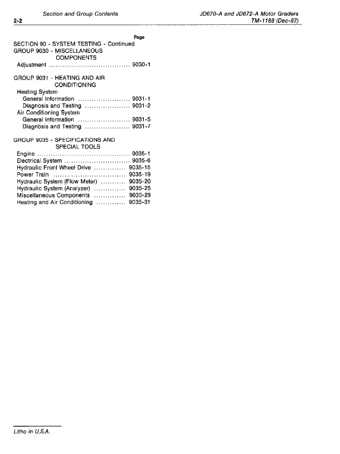 John Deere 670A & 672A Grader Technical Operation & Test Manual TM1188