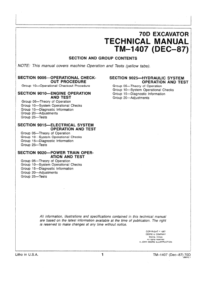 John Deere 70D Excavator Diagnostic, Operation & Test Manual