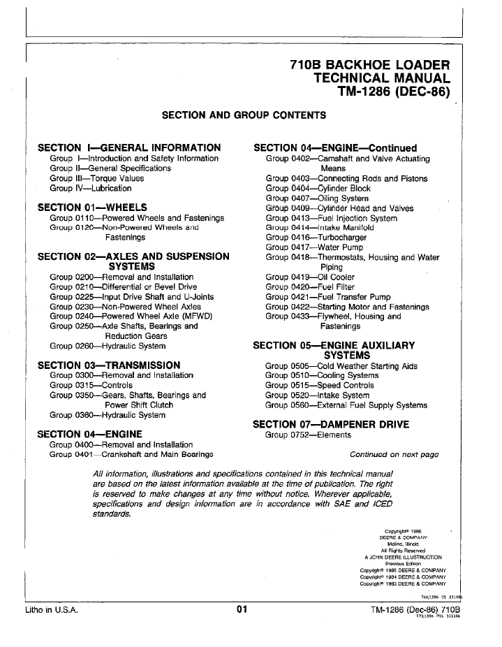 John Deere 710B Backhoe Loader Repair & Service Manual TM1286