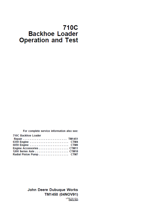 John Deere 710C Backhoe Loader Operation & Test Manual TM1450